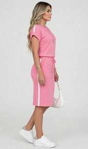 Conjunto de 2 Piezas Rosa para Mujer, Top de Manga Corta con Cuello Redondo y Falda a la Rodilla con Rayas Laterales, Atuendo Casual - Product Image 2