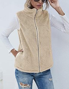 Chaleco Casual de Mujer Beige de Forro Polar Sherpa con Cremallera Completa, Cuello Alto, Cálido y Suave, Sin Mangas, Calentador Corporal, OEM - Product Image 1