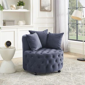 Velvet Upholstered <b>Swivel</b> <b>Chair</b> for Living Room <b>Grey</b> with Button Tufted Design Movable Wheels and 3 Included Pillows - Product Image 4