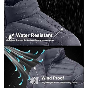 Unisex Thick Hooded Waterproof Olive <b>Green</b> Puffer Jacket Navy Shoulder Panels Quilted Zip Front Warm Winter Casual Outerwear - Product Image 5