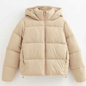 Veste matelassée beige pour femme avec capuche, manches longues, manteau d'hiver court, couleur unie, fermeture éclair, matière polyester - Product Image 2