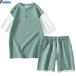 Conjunto Corto Personalizado para Hombre, Camiseta de Manga Corta con Bloques de Color de Alta Calidad, Camisa Casual Moderna con Cuello Alto, Conjunto de 2 Piezas para Verano - Product Image 1