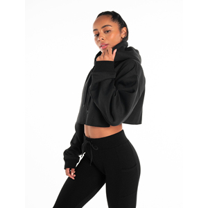 Sudadera con capucha corta negra para mujer, de manga larga, color liso, de algodón tejido, para otoño, top corto con capucha y joggers - Product Image 3