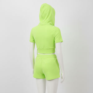 Womens Solid White <b>and</b> Pink <b>Short</b> Sleeve Full Zip Hooded Crop <b>Top</b> <b>and</b> Drawstring <b>Shorts</b> Twin <b>Set</b> OEM ODM Wholesale Apparel - Product Image 4