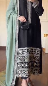 Black Embroidered Indian Pakistani Set Long Kurta Palazzo <b>Shawl</b> Set for <b>Wedding</b> Festival Wear - Product Image 2