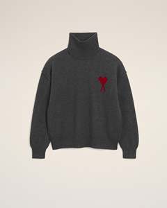 Suéter de Cuello Alto Gris Oscuro para Hombre, con Logotipo de Corazón Bordado, Tejido de Lana, Estilo Holgado, para Invierno - Product Image 1
