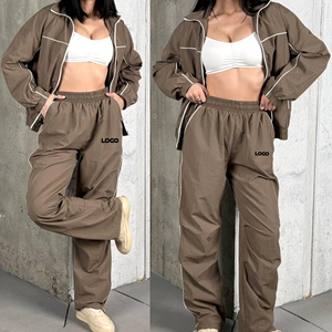 Women 2 Pieces <b>Reflective</b> Edging Jogging Suits Oversize Nylon Customized Windbreaker Jackets Pants Sets Lightweight Tracksuits - Product Image 3