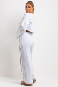Conjunto Deportivo de 2 Piezas para Mujer, Color Gris, Top Corto con Pantalones Largos, Corte Holgado Informal, Color Sólido, Cintura con Cordón, Bolsillos Laterales - Product Image 2
