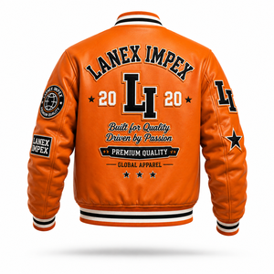 Custom Orange Varsity Letterman Jacket Men PU Leather Baseball College Jacket Embroidered Chenille Patch Bomber Jacket OEM Bulk - Product Image 3