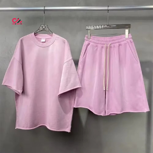 High Quality Men's Pink <b>Knitted</b> T-Shirt and Shorts <b>Set</b> Casual Solid Color Summer Outfit Breathable Loose Fit Baggy Style - Product Image 1