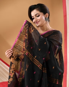 Sari Tradicional de Algodón Negro Tejido a Mano para Mujer KV con Diseño Pintado a Mano, para Fiestas, Sin Arrugas y Reversible, Blusa Sin Coser - Product Image 1