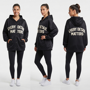 Sweat-shirt à capuche oversize pour femme en polyester/coton, manches longues, broderie chenille, vêtements de sport, longueur standard, coupe-vent - Product Image 1