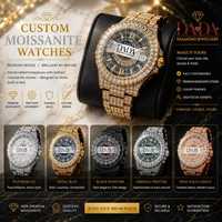 Jam Tangan Analog Moissanite Mewah Grosir Unisex VVS Full Iced Desain Kustom Gerakan Quartz Baja Tahan Karat Hari/Tanggal