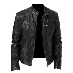 Blouson moto en cuir véritable vert pour homme, col montant matelassé, fermeture éclair, manches longues, style automne - Product Image 1