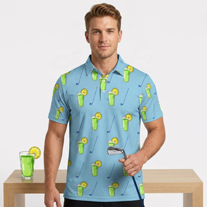Camisa Azul Claro para Hombre con Estampado de Bebida Verde, Manga Corta, Informal, de Punto, Poliéster Transpirable, Antiarrugas, de Secado Rápido, ODM - Product Image 4