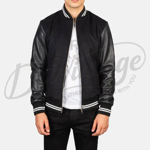 Veste varsity en laine noire pour homme avec manches en cuir véritable et poignets côtelés rayés, veste bomber premium de style Letterman - Product Image 6