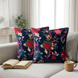 <b>Navy</b> <b>Blue</b> Velvet Cushion Covers with Vintage Floral Print Decorative <b>Throw</b> Pillows <b>for</b> <b>Sofa</b> Bedroom and Home Decor - Product Image 3