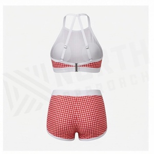 NORTH APPROACH Red Gingham 2 Piece <b>Bikini</b> <b>Set</b> with Crossed Halter Top and <b>Skirt</b> Contrast Binding Front Logo Stretch Fabric - Product Image 2