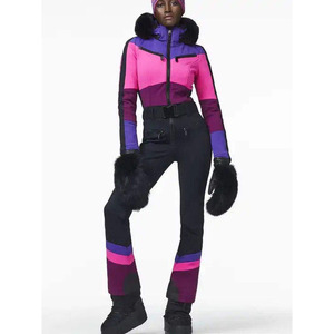 Custom Women's One Piece Ski Suit Color Block <b>Waterproof</b> Insulated Slim Fit Belted <b>Snowsuit</b> Faux Fur Hood Flared Ski Jumpsuit - Product Image 4