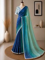 Saree Kain Linen Berlapis Empuk Dengan Hiasan Cermin Di Badan, Bordir Putih Di Pinggir, Dan Blus Cetak Cantik