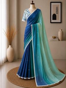 Sari en tissu de lin à rembourrage doux avec travail de miroir sur le corps et bordure brodée blanche, et magnifique chemisier imprimé assorti. - Product Image 6