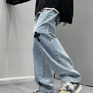 Wide Leg Snow Washed Denim Overalls <b>Cross</b> <b>Patch</b> Crystal Distressed Loose Fit Mid Waist Quick Dry Streetwear Men's Cotton Winter - Product Image 4