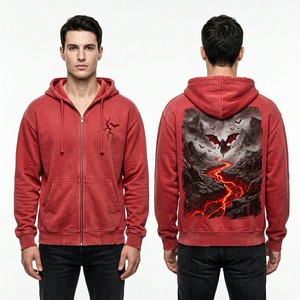 Mens Red Acid Wash Zip Up Hoodie Custom Oversized Streetwear Pullover Graphic Print Heavy Cotton Fleece Gothic Hooded Jacket - Product Image 1