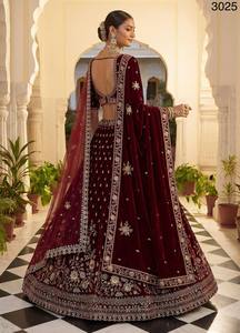 Velvet Embroidered Bridesmaid <b>Lehenga</b> Set Maroon Dupatta Floor-Length A-Line V-Neck Sleeveless Wedding Party Ethnic Dress - Product Image 5