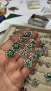 Genuine Emerald and Diamond Flower <b>Silver</b> <b>Stud</b> Earrings 92.5 Sterling <b>Silver</b> Earring - Product Image 1