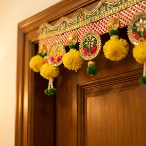 Beautiful Indian Bandhanwar with Intricate Embroidery Colorful Ornaments Yellow Flowers and Green Beaded Tassels - Product Image 2