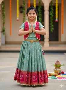 ชุดเลเฮนกาโชลีผ้าไหมรอยัลบันดานีสำหรับเด็ก พร้อมผ้าคลุมไหล่ปักลาย – สำหรับงานเทศกาลและงานแต่งงาน - Product Image 2