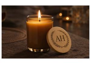 Bougie en cire de soja parfumée en pot ambré avec couvercle en bois personnalisé, parfum boisé artisanal, décoration intérieure élégante, 20-40 Thanksgiving - Product Image 1