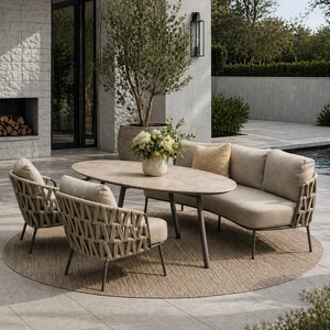 Contemporary Outdoor Teak Frame Rattan <b>Sofa</b> <b>Set</b> with Non-Waterproof Cushions for Garden Patio Furniture UV-Resistant Design - Product Image 1