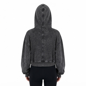 Women's Black Washed <b>Cropped</b> <b>Zip</b> <b>Up</b> <b>Hoodie</b> Fleece Sweatshirt Casual Hooded Jacket Custom Logo - Product Image 2