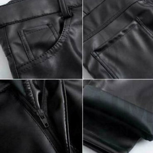Pantalon en cuir noir pour homme, coupe droite, style motard, fermeture éclair, poches latérales, taille mi-haute - Product Image 3