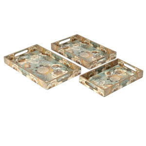 Ensemble de plateaux de service en bois faits à la main avec revêtement émaillé : gravure florale dorée - Product Image 2