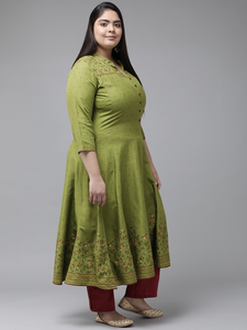 Kurti Anarkali vert en rayonne avec col mandarin et manches trois quarts pour femmes grandes tailles, élégant pour un usage quotidien - Product Image 2