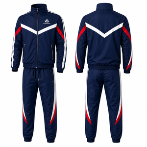 Custom Unisex Navy Red White Color Block Tracksuit Full <b>Zip</b> <b>Hooded</b> Jacket and Pants Set Polyester Regular Fit Adult Autumn Sport - Product Image 3