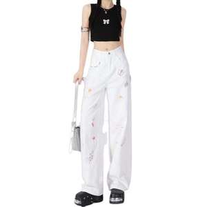 Women's Mid Wide Leg Cotton Breathable Quick Dry Pants with Hand Embroidery Loose Fit Full Length Casual Summer - Product Image 1