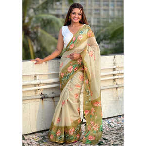 Sari de Noche Verde Chanderi de Algodón con Estampado Pichwai y Borde Tejido con Hilo Zari - Product Image 4