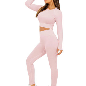 Pink Ribbed Solid 2 Piece Yoga Set Crew Neck Long Sleeve Crop Top High Waist Full Length Leggings Activewear Seamless - Product Image 4