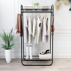 Minimalist <b>Standing</b> Metal Clothing Organizer with Double Tier Wire Shelves 32.9 x 9 x 64.96 Inches for Wardrobe Space Saving - Product Image 2
