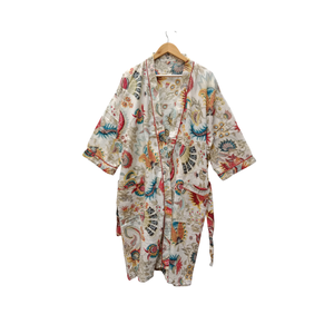 Robe kimono en coton pour femmes, à fleurs blanches, manches longues, col en V, longue robe de bain, vêtements de détente, robe de spa avec ceinture - Product Image 1