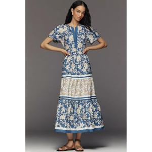 Vestido Maxi Casual Elegante de Algodón 100% Natural de Alta Calidad para Mujer, Corte Ajustado, con Estampado Floral y Manga Corta - Product Image 1