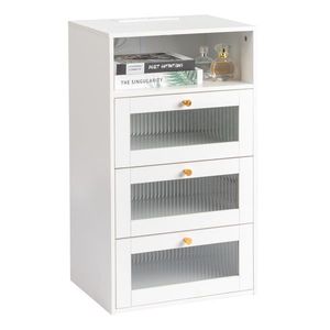 Comodino Changhong in Vetro 45*35*78cm, Superficie Bianca in Fibra di Canapa, 3 Cassetti, 1 Ripiano, Ricarica Wireless, Arredamento Camera da Letto - Product Image 4