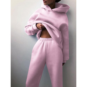 Ensemble de survêtement pour femme, bleu clair, à capuche, manches longues, couleur unie, vêtements décontractés, matière polaire, coupe ample, deux pièces - Product Image 4