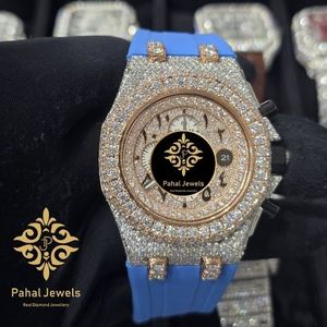 Pahal Jewels Montre de luxe sportive pour homme avec diamants, boîtier octogonal, acier inoxydable bleu, chronographe analogique à quartz, 45 mm, verre saphir - Product Image 4