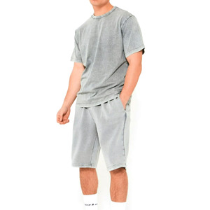 Ensemble T-shirt et short surdimensionné délavé à l'acide pour homme, en coton épais 100 %, tenue décontractée et tendance pour l'été, deux pièces - Product Image 1