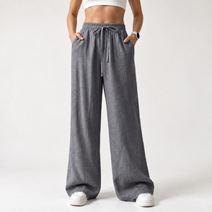 High Quality Cotton <b>Linen</b> Drawstring Waist Wide Leg Pants Low Moq Customized Color Pattern Design - Product Image 3