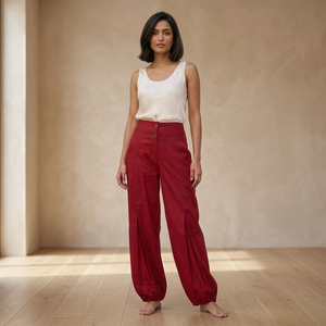 Pantalon Harem Rouge Taille Haute Ample et Respirant en Coton Écologique pour Femme – Coupe Décontractée Longueur Intégrale avec Boutons – Idéal Été - Product Image 4